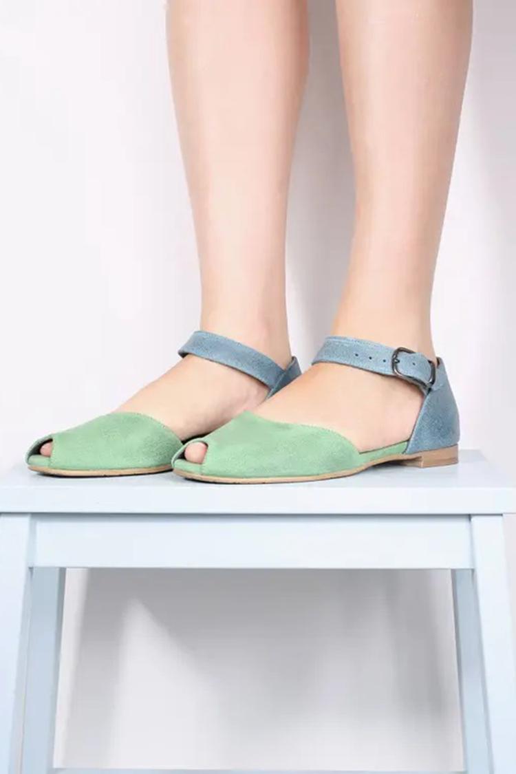 Sandali con cinturino alla caviglia colorblock e fibbia a punta aperta, verdi [Pre-ordine] 
