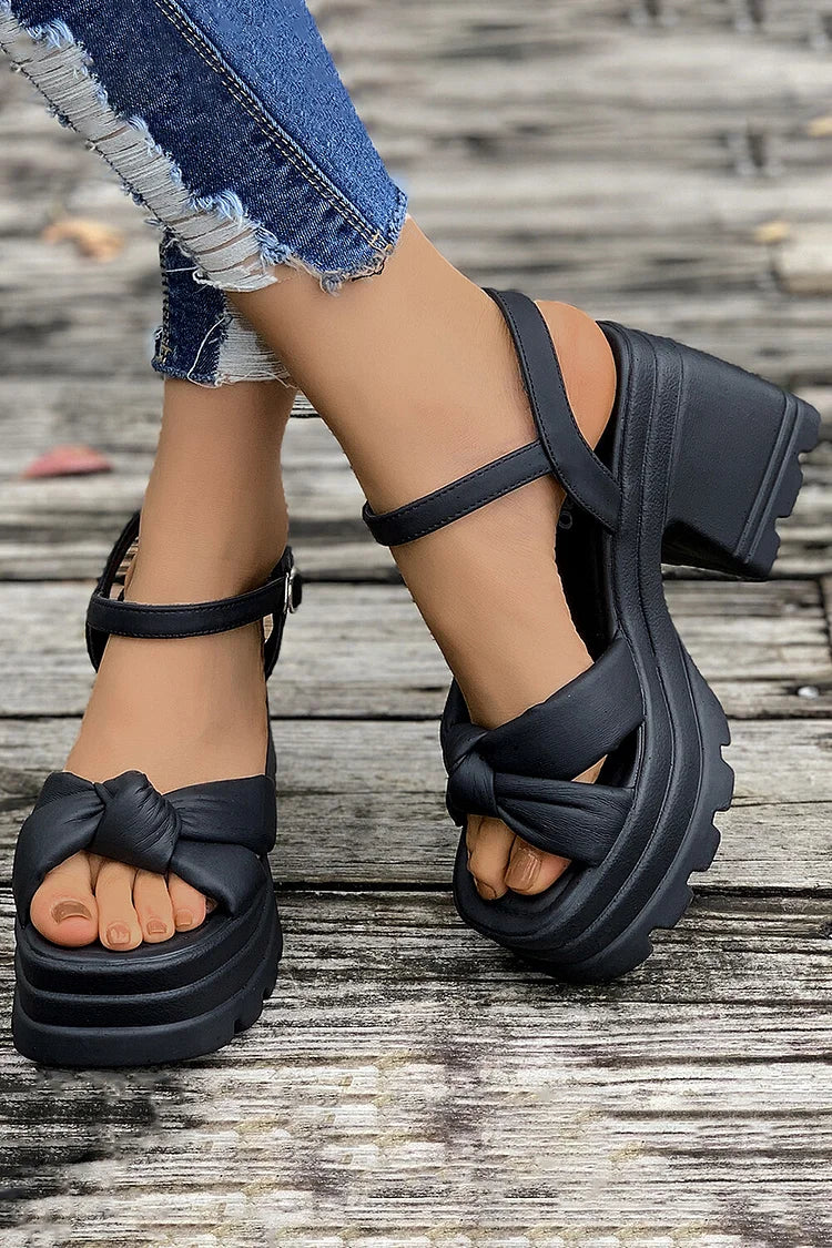 Solid Color Knotted Open Toe Platform Chunky Heels