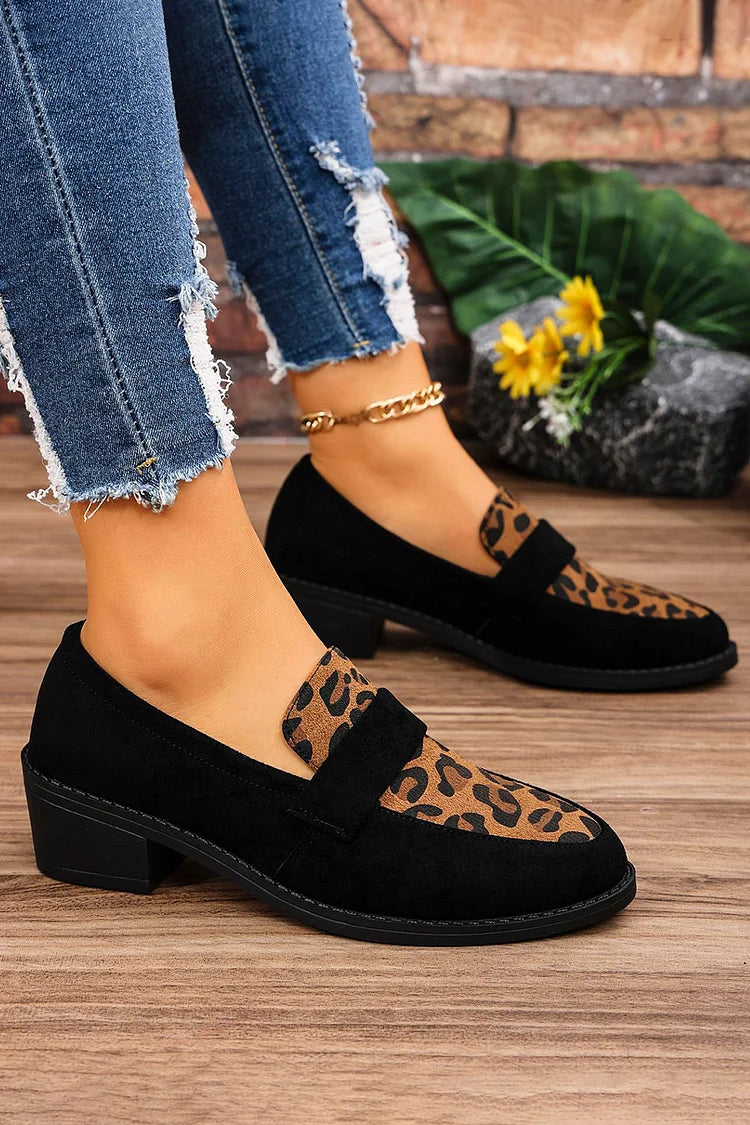 Patchwork Leopard Print Pointed Toe Chunky Heel Loafers