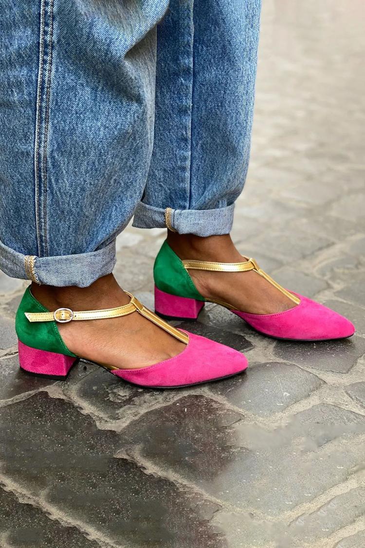 Color Block Ankle Strap Pointed Toe Chunky Heels