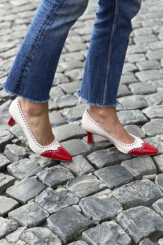 Scarpe con tacco a spillo bianche con patchwork e punta slip-on [Pre-ordine] 