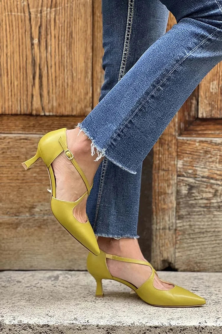 Cross Strap Buckle Pointed Toe Yellow Kitten Heels