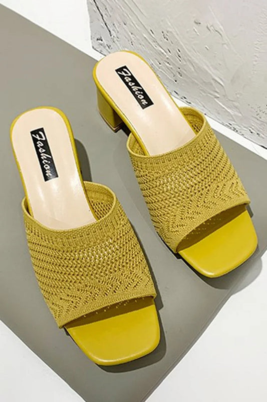 Casual Solid Color Square Toe Knit Slides Chunky Heels