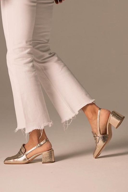 Scarpe con tacco largo dorato con punta quadrata e patchwork metallizzato lucido [Pre-ordine]