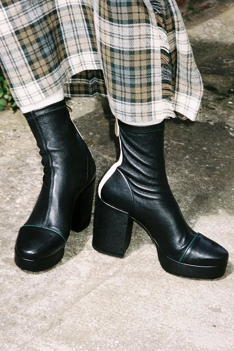 Stivali neri casual con punta tonda, cerniera e tacco spesso [Pre-ordine]