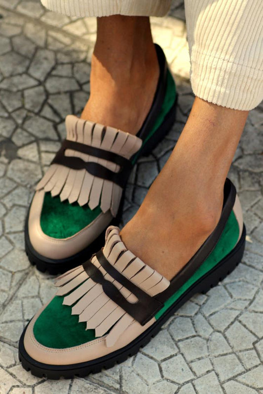 Farbblock Quastenbesatz Patchwork Rundzehen Grüne Loafers [Vorbestellung]