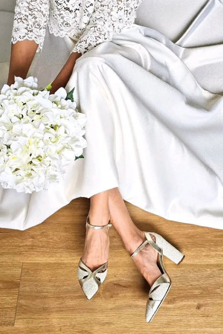 Hollow Out Ankle Strap Buckle Pointed Toe Champagne Chunky Heels [Pre Order]