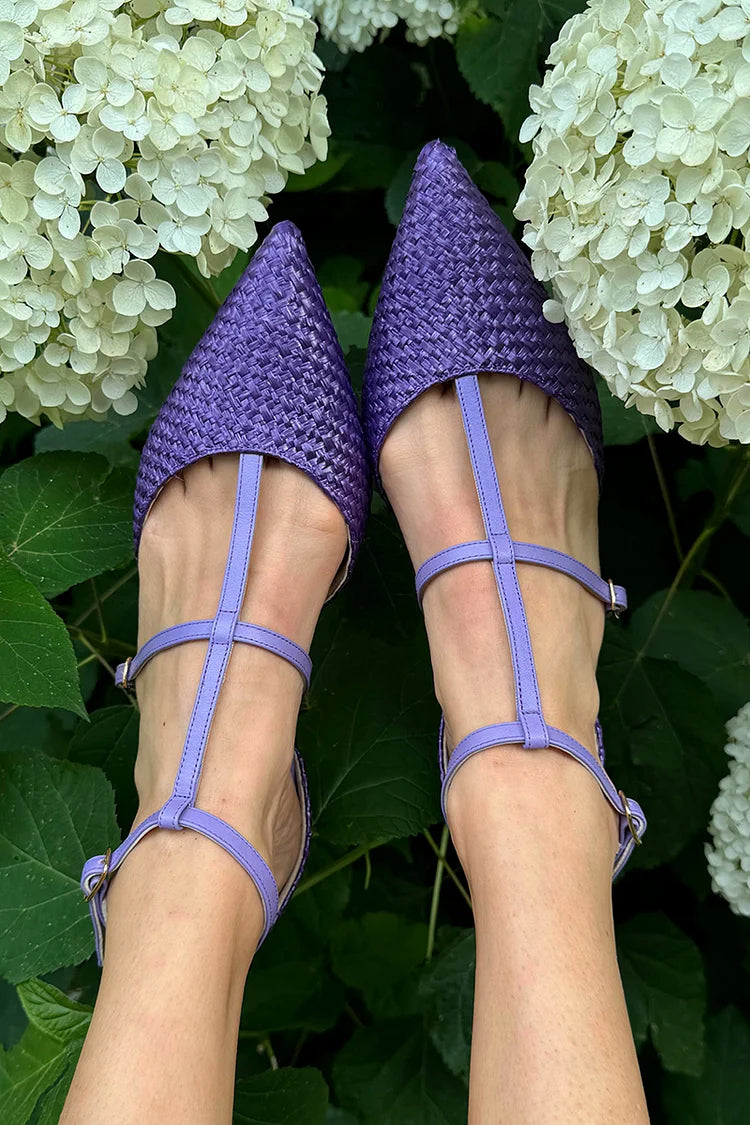 Woven Pointed Toe Ankle Strap Buckle Purple Flats [Pre Order]