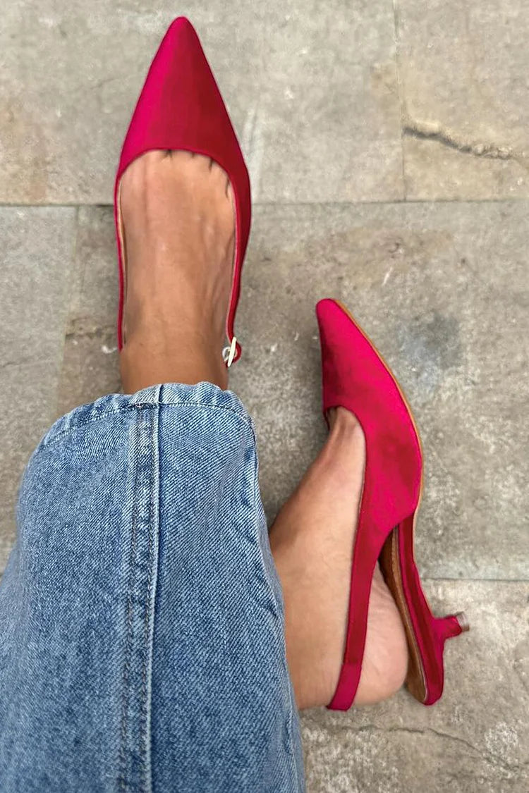 Slingback Strap Buckle Pointy Toe Red Kitten Heels [Pre Order]