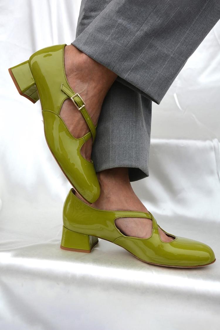 Scarpe con tacco basso, punta tonda, fibbia e cinturino incrociato, tinta unita, verdi [Pre-ordine]