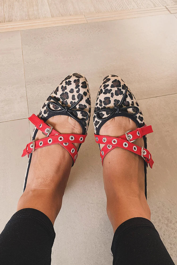 Leopard Print Pointed Toe Cross Straps Buckles Flats [Pre Order]