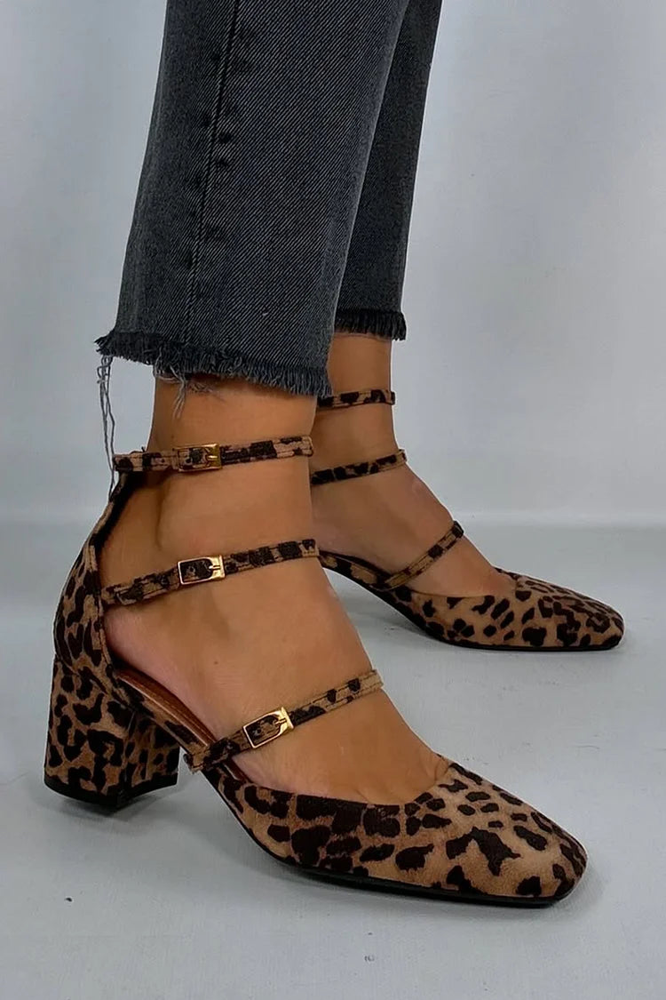 Leopard Print Multi Straps Buckles Square Toe Brown Chunky Heels [Pre Order]