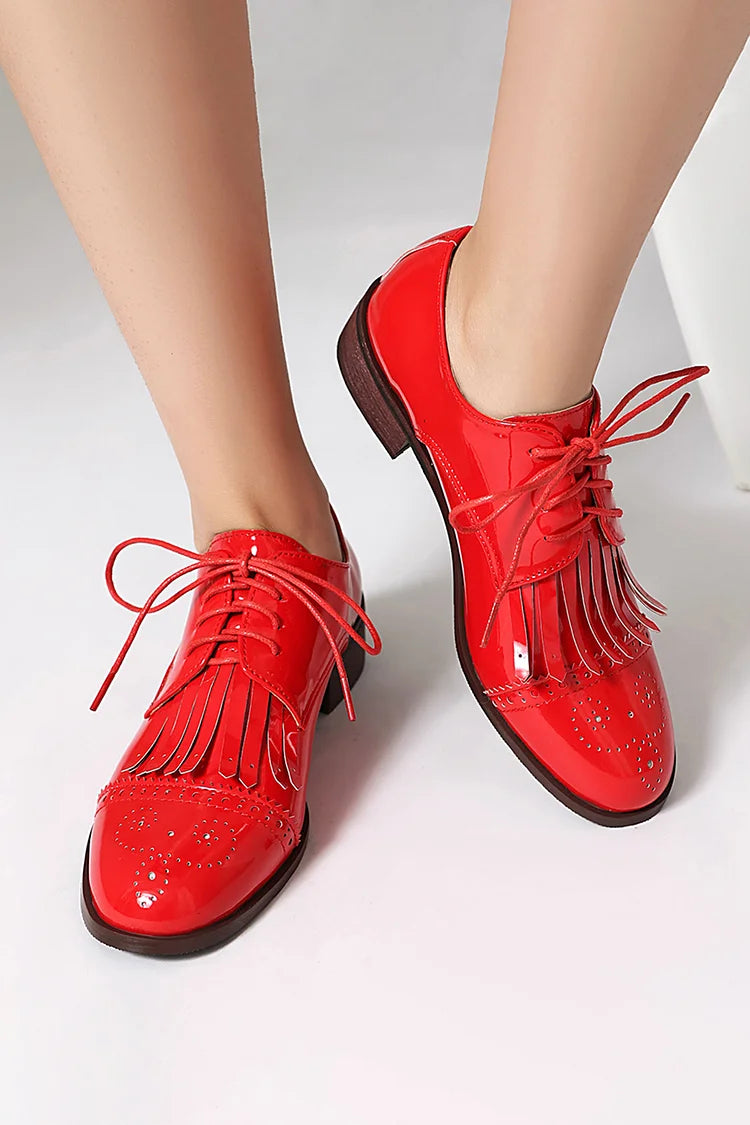 Oxfords z okrągłym noskiem, sznurowane, z ozdobnym frędzlem w jednolitym kolorze