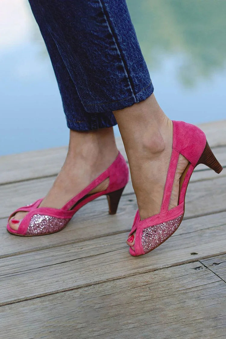 Recorte Peep Toe Glitter Patchwork Fúcsia Salto Baixo [Pre Order]