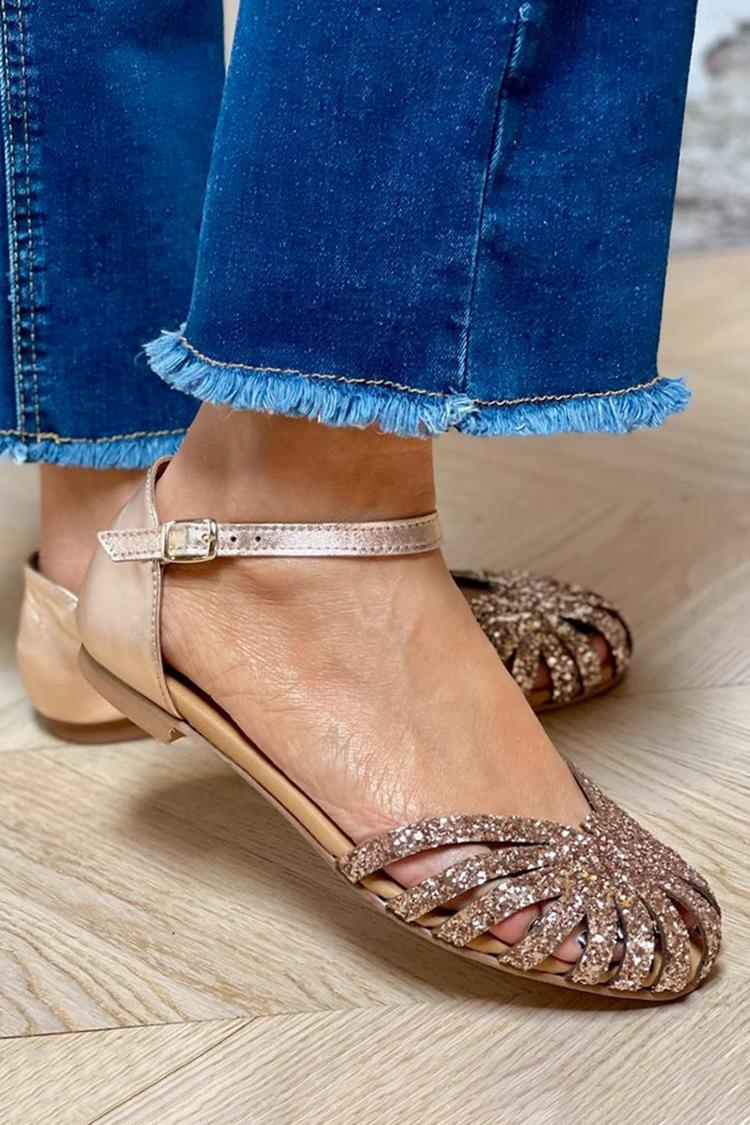 Glitzernde Ausgeschnittene Runde Zehen Champagner Sandalen [Vorbestellung]