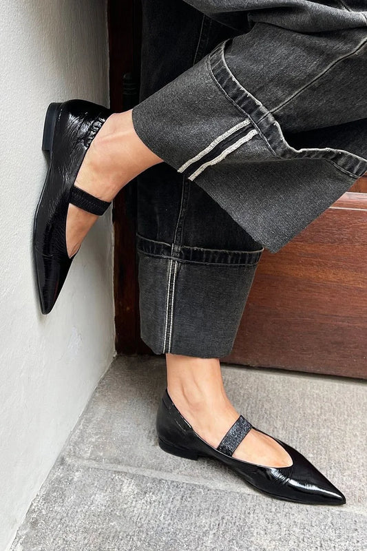 Instep Strap Solid Color Pointed Toe Black Flats [Pre Order]