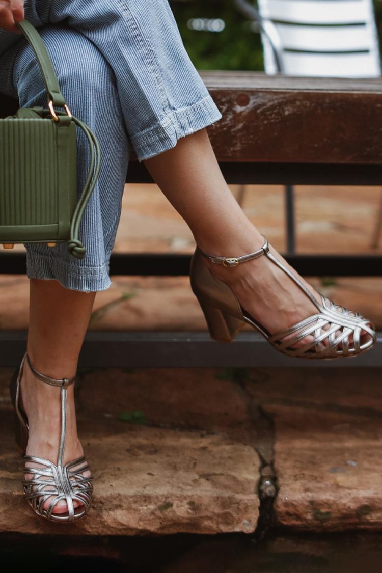 Metallic Sheen Hollow Out T-Strap Buckle Silver Chunky Heels [Pre Order]