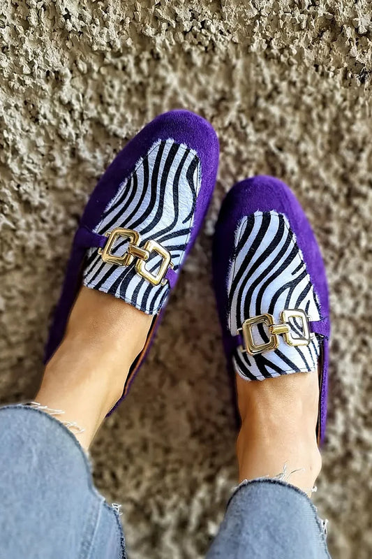 Zebra Print Patchwork Metal Decor Purple Loafers [Pre Order]