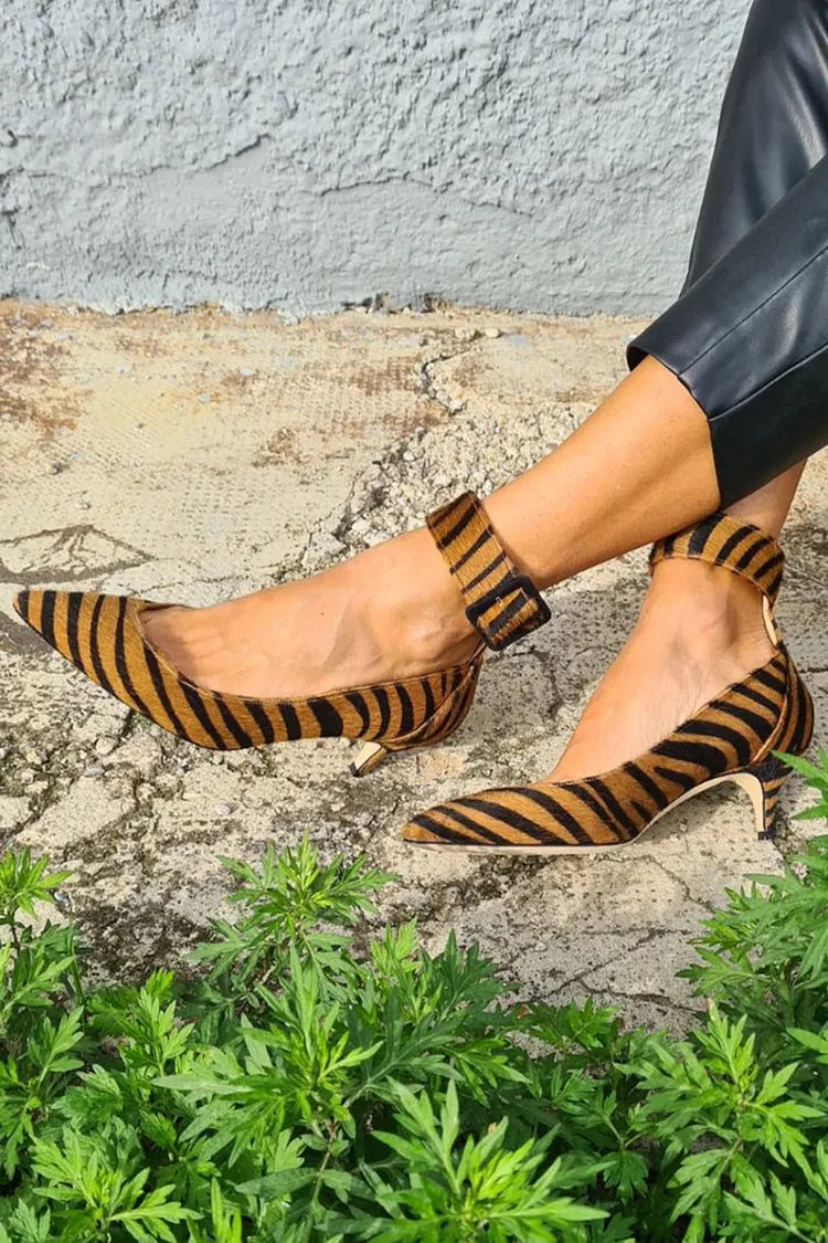 Ankle Strap Buckle Zebra Print Pointed Toe Brown Low Heels [Pre Order]