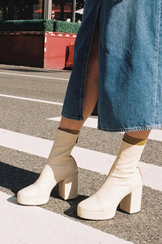 Colorblock Zipper Round Toe Beige Chunky Heels Boots [Pre Order]