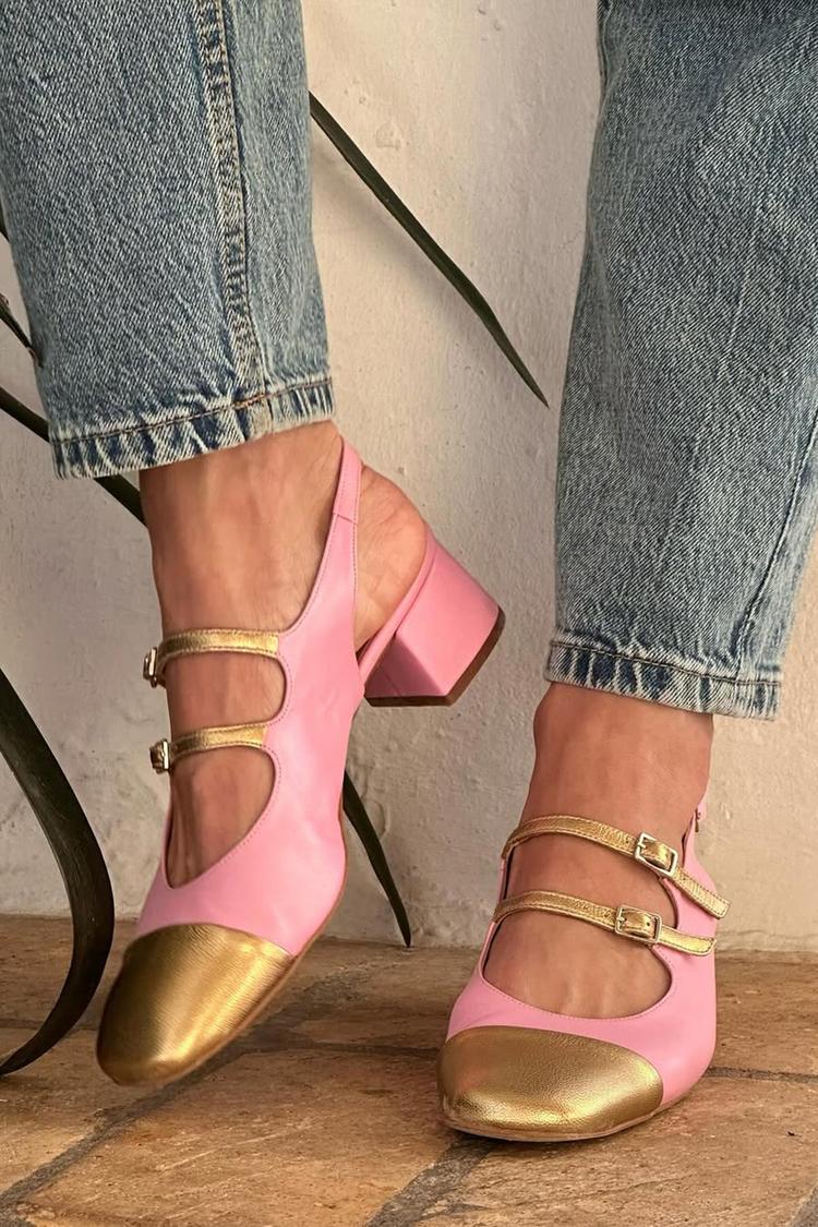 Scarpe con tacco grosso rosa con cinturino posteriore e fibbie a due cinturini colorblock [Pre-ordine]