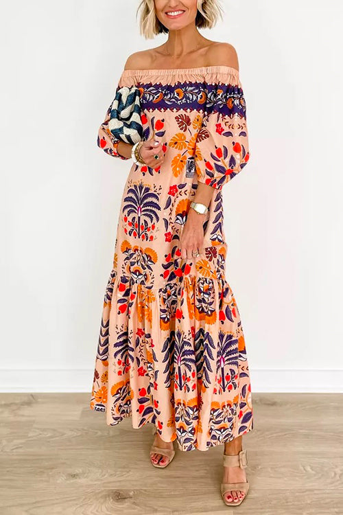 Off Shoulder Lantern Sleeves Printed Ruffle Maxi Dress