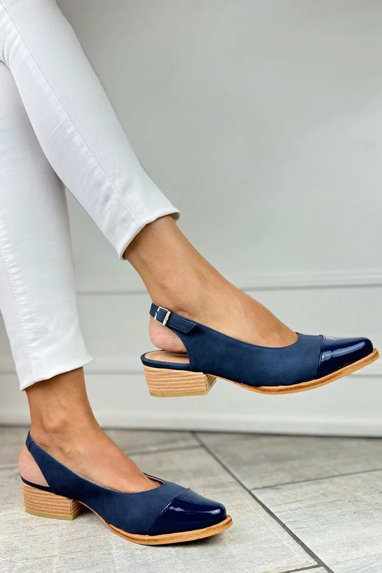 Slingback Strap, punta affilata, tacco basso blu navy con patchwork [Pre-ordine] 