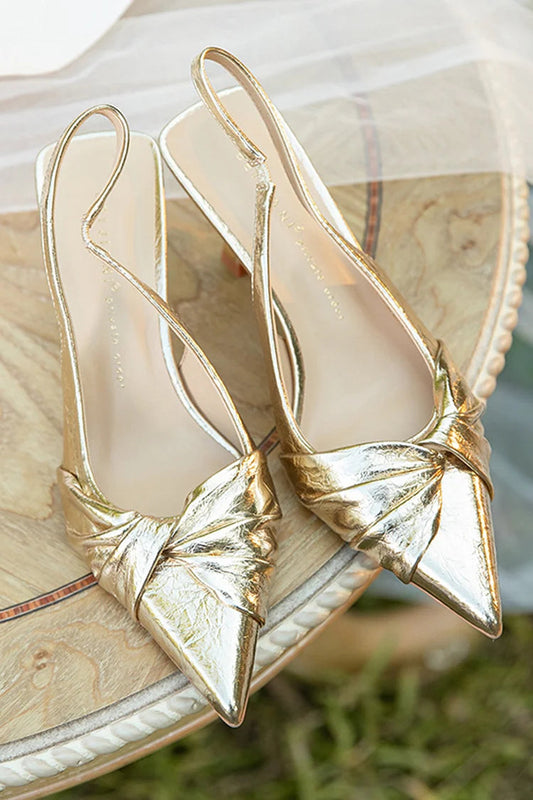 Structured Metallic Sheen Pointed Toe Twisted Slingback Strap Stiletto Heels