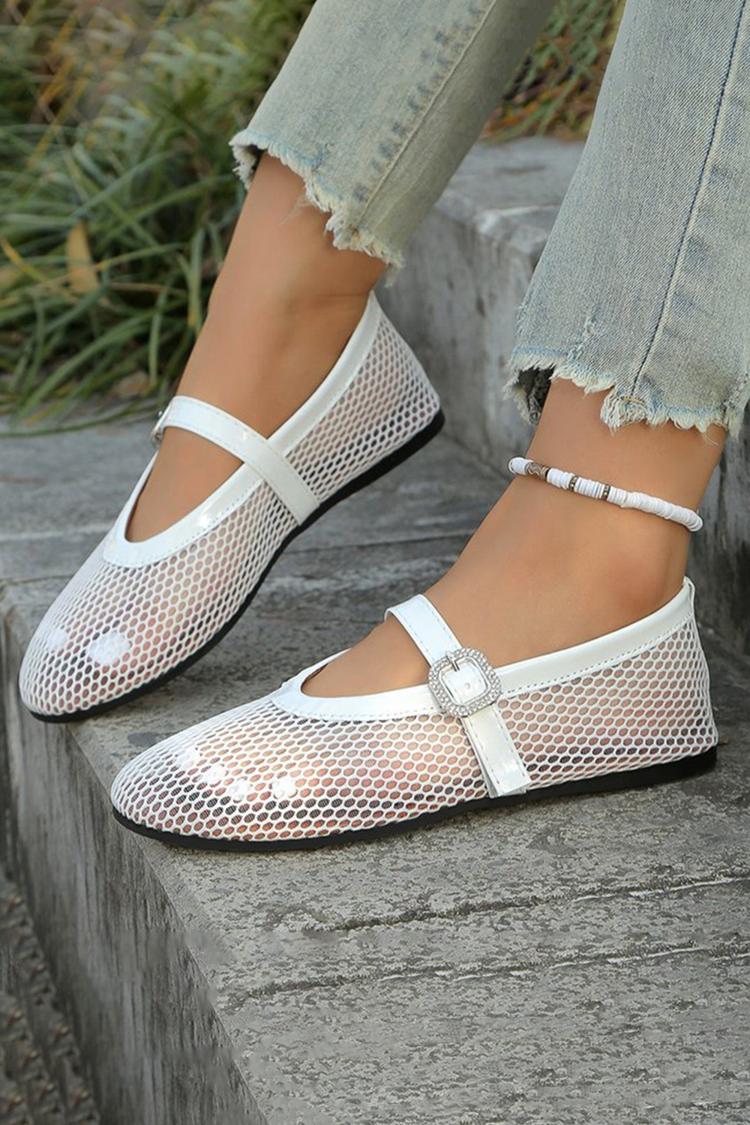 Scarpe basse casual con punta tonda traforata, cinturino sul collo del piede, fibbia e patchwork 