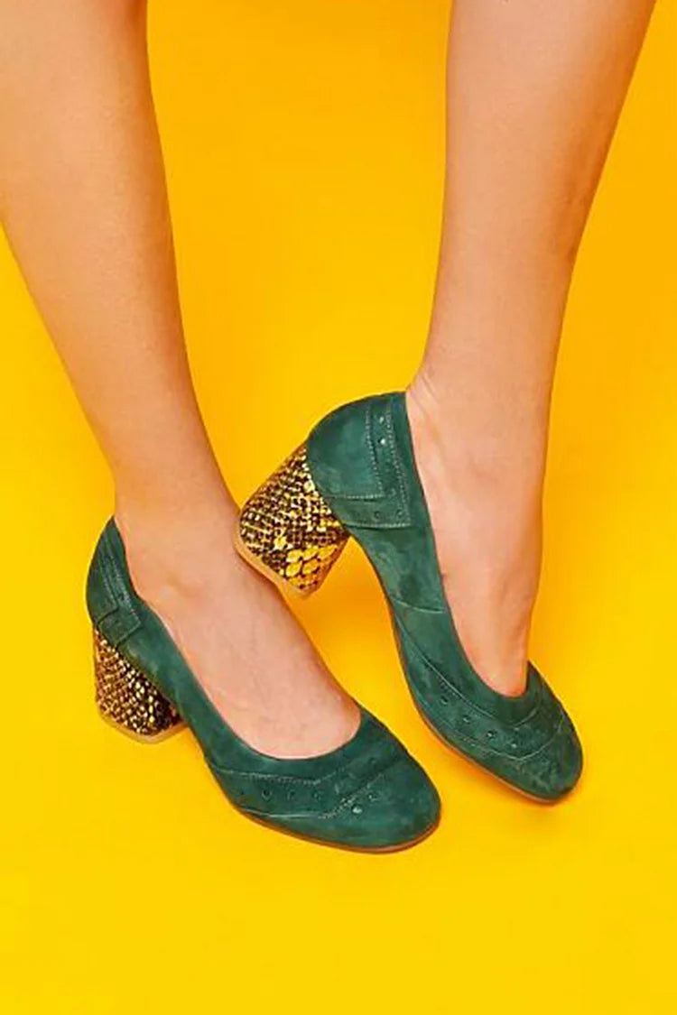 Tacones gruesos de color verde oscuro con estampado de serpiente y punta cuadrada [pedido por adelantado] 