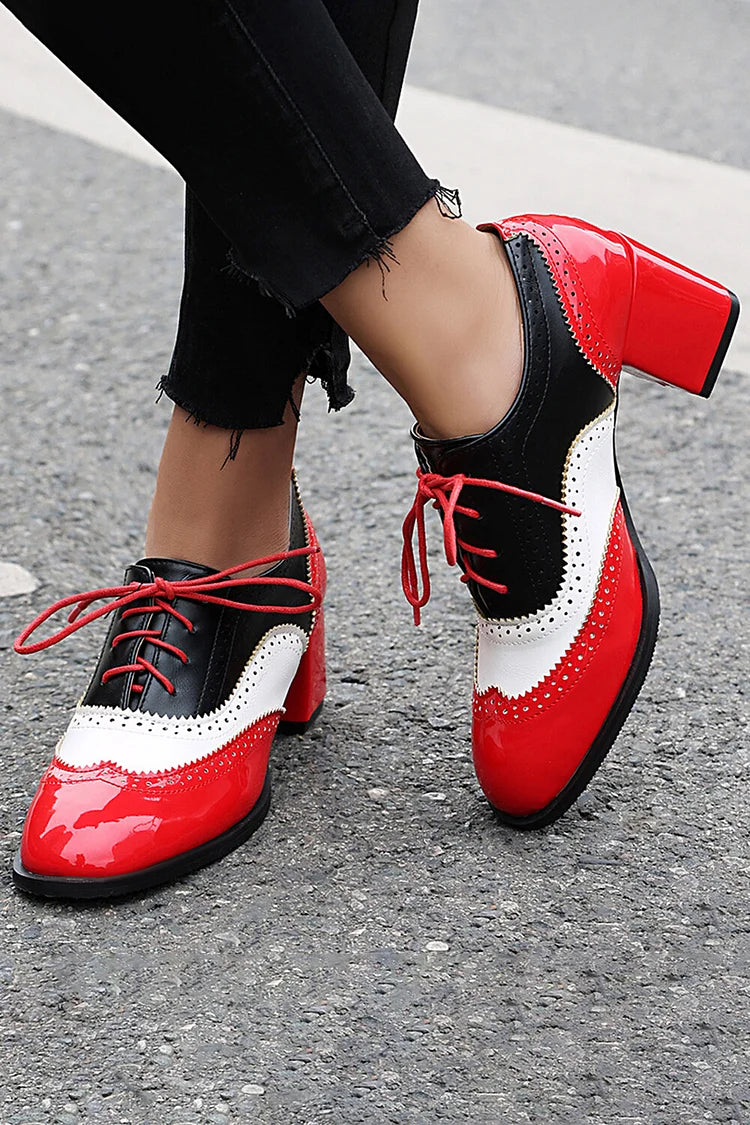 Scarpe Oxford Brogue con Tacco Grosso e Lacci, Punta Rotonda e Patchwork Color Block 