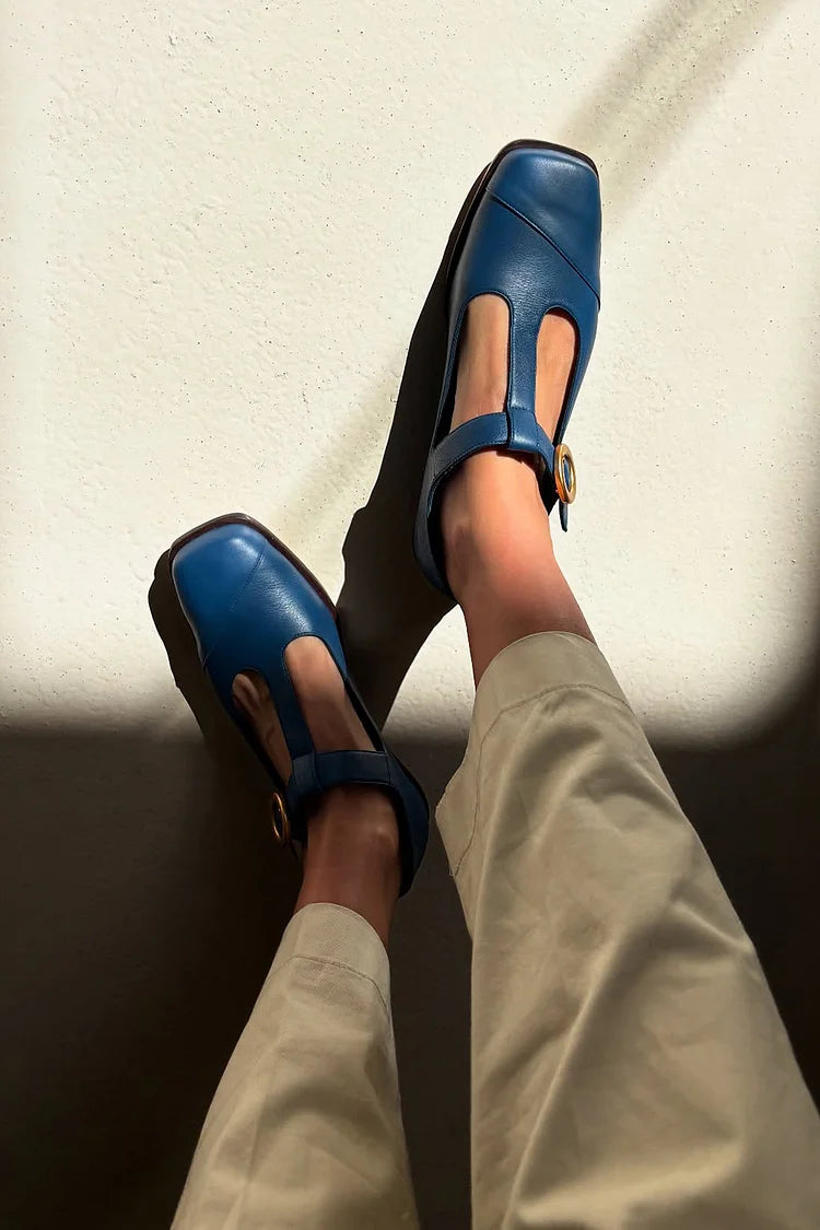 Scarpe basse blu navy con cinturino a T e punta quadrata e patchwork [Pre-ordine] 