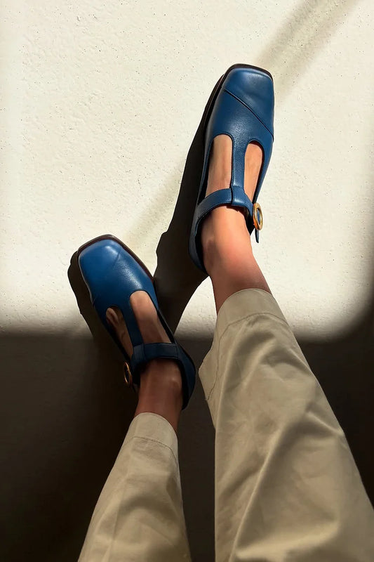 Square Toe Patchwork T-Strap Buckle Navy Flats [Pre Order]