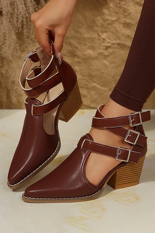 Ankle Cross Straps Buckles Solid Color Pointed Toe Chunky Heels