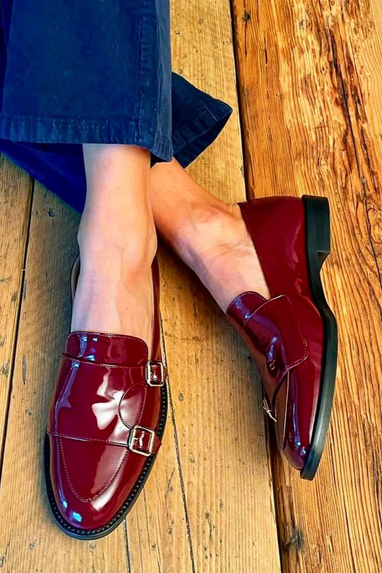 Double Buckle Glossy Patent Leather Slip On Burgundy Loafers [Pre Order]