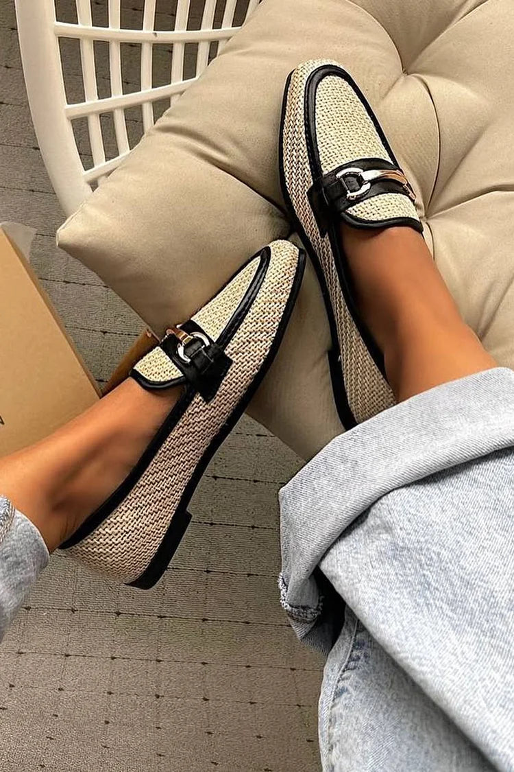 Beżowe mokasyny Colorblock z metalową dekoracją i kwadratowym noskiem [Przedsprzedaż]