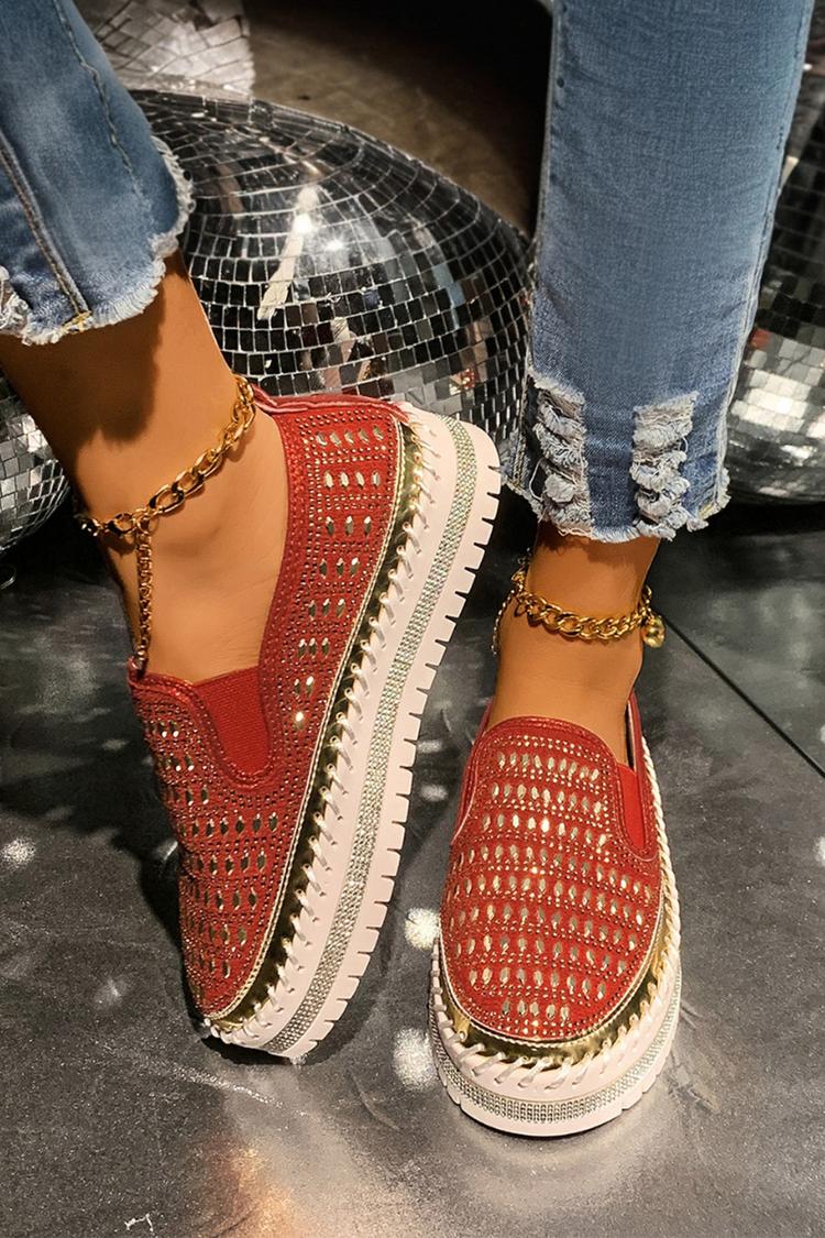 Strassverzierung Steppdetail Rundzehen Freizeit Plateau Loafers