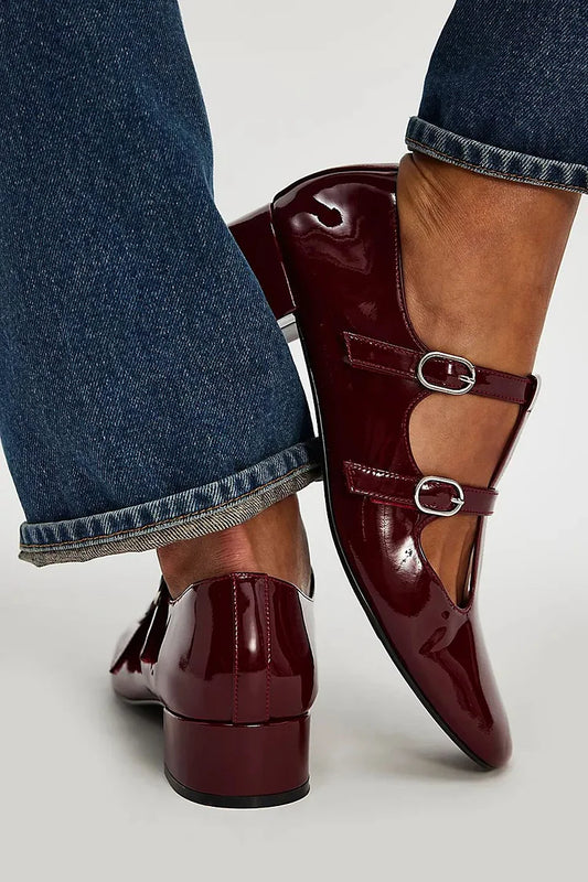 Glossy Hollow Out T-Strap Buckles Burgundy Chunky Heels [Pre Order]