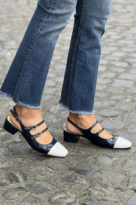 Instep Straps Buckles Colorblock Square Toe Black Chunky Heels [Pre Order]