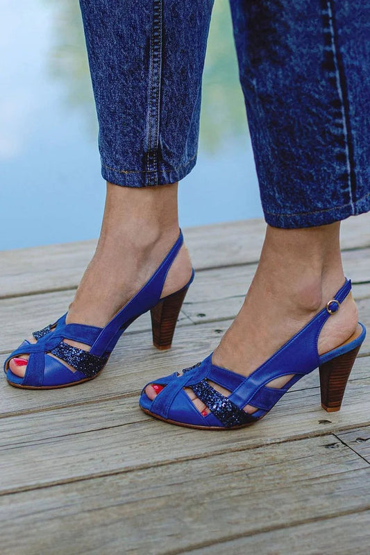 Patchwork Slingback Peep Toe Salto Robusto Azul Marinho [Pre Order]