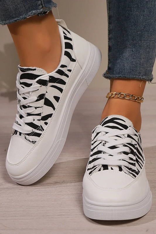 Zebra Print Patchwork Round Toe Casual Lace Up Tênis