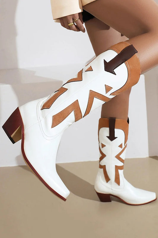 Colorblock Patchwork Pointed Toe Chunky Heel Western Boots