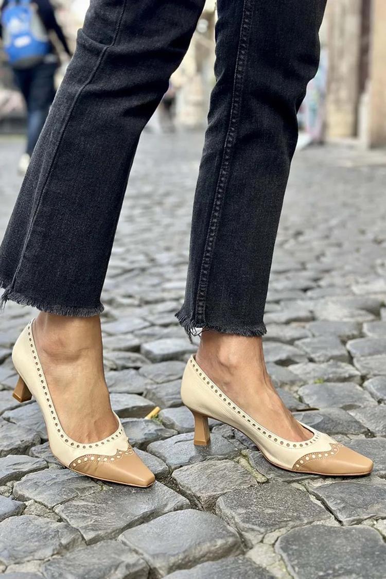 Patchwork Hollow Out Square Toe Beige Stiletto Heels [Pre Order]
