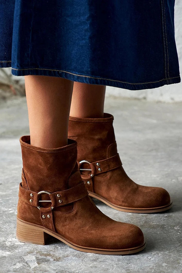 Round Toe O-Ring Strap Chunky Heel Brown Ankle Boots [Pre Order]