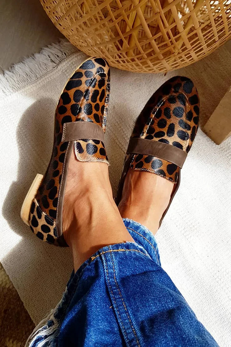 Patchwork Leopard Print Round Toe Brown Loafers [Pre Order]