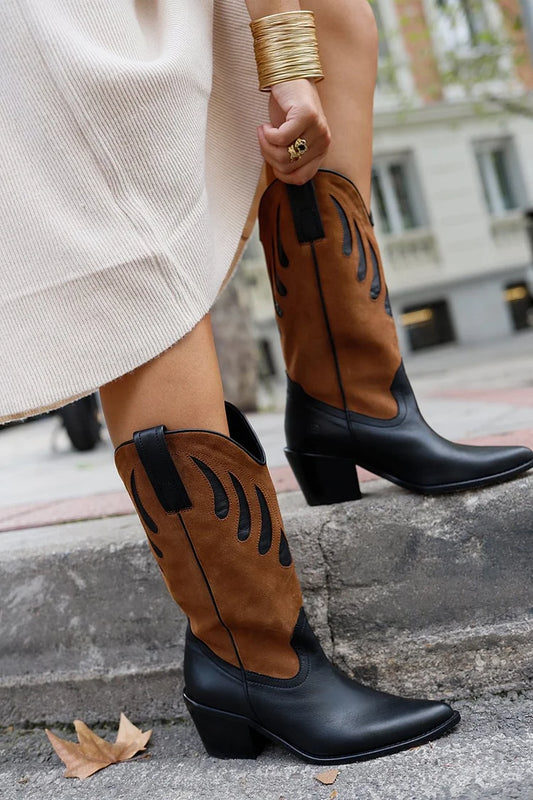 Colorblock Pointed Toe Chunky Heel Brown Mid Boots [Pre Order]