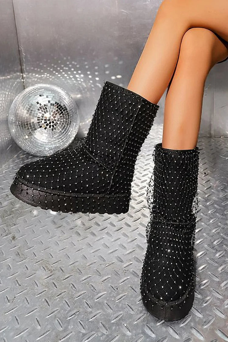 Rhinestone Fishnet Decor Round Toe Pull On Snow Boots