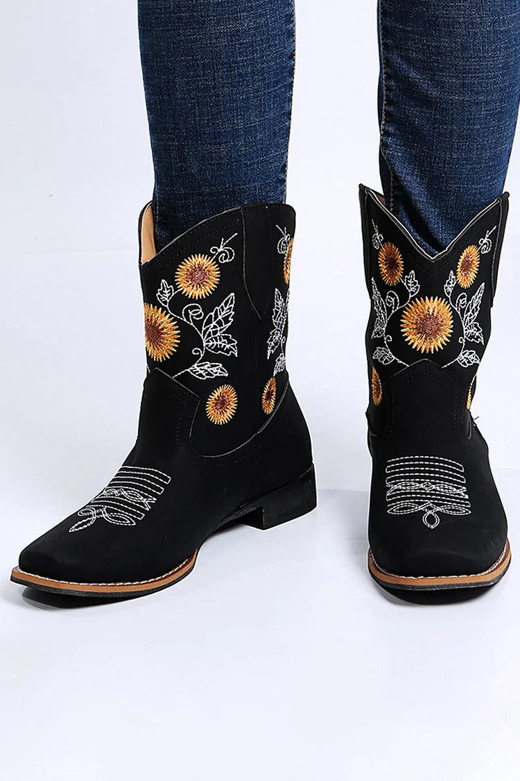 Sunflower Embroidery Stitch Detail Square Toe Cowgirl Boots