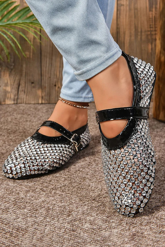 Zapatos planos con punta redonda, hebilla y tira en el empeine con decoración de diamantes de imitación ahuecados 