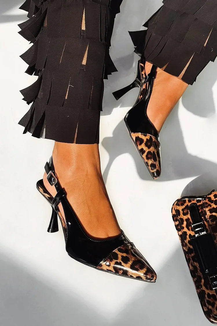 Leopard Print Patchwork Pointed Toe Black Sandals Heels [Pre Order]
